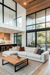 A modern interior featuring spacious living room with cozy sofa, stylish coffee table, and large windows that invite natural light. design exudes warmth and elegance