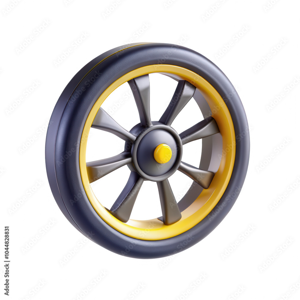 Poster a stylized 3d render of a modern wheel design featuring a yellow and gray color scheme. this model i