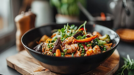 Delicious stir fried noodles with seafood and vibrant vegetables, showcasing colorful mix of shrimp, peas, and bell peppers in beautifully arranged bowl