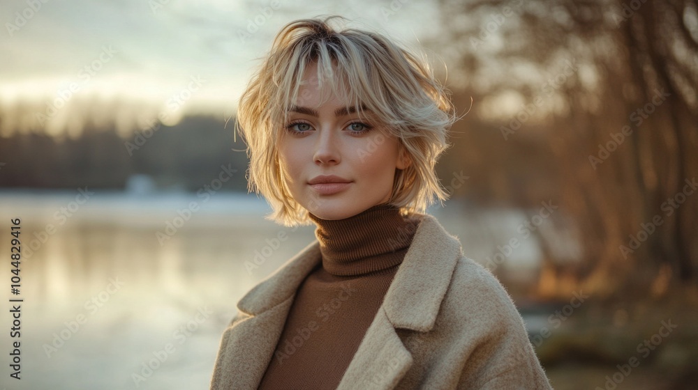 Wall mural A woman with blonde hair and a brown sweater is standing in front of a lake