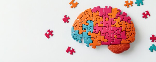 A colorful brain puzzle representing cognitive processes, creativity, and problem-solving concepts in a minimalist design.