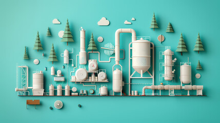 Colorful and detailed illustration of green industrial landscape featuring various machinery, tanks, and trees against vibrant turquoise background. This artwork captures harmonious blend of nature