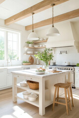 Fototapeta premium Bright and airy kitchen featuring central island with white countertop, wooden beams, and elegant pendant lights. space is adorned with fresh greenery, creating welcoming atmosphere