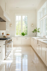 A bright and airy kitchen featuring elegant cabinetry, large window allowing natural light, and clean, modern design. space is perfect for cooking and entertaining