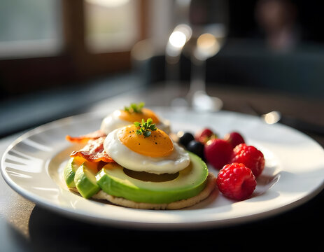 A​ breakfast with egg beacon salad and fruits on white plate​ in luxury Hotel restaurants