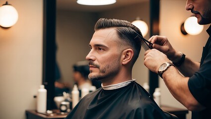 Professional barber cutting stylish undercut fade haircut client salon for grooming marketing website social media commercial use
