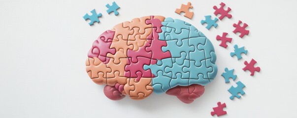 A colorful puzzle shaped like a brain, representing problem-solving, creativity, and cognitive development.