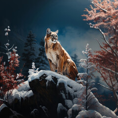 Mountain lion sitting on a snowy rock – Winter Wildlife Art Poster