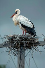 This stork stands proudly on its nest, silhouetted by a vibrant sunset, creating a tranquil moment in a rural setting