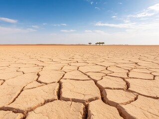 A desolate landscape featuring cracked earth under a clear blue sky, symbolizing drought and climate change effects on nature.