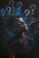 A young boy looks up with wonder, his expression filled with curiosity as question marks float around him, reflecting deep thoughts and questions about life
