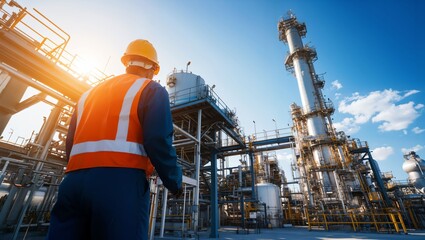 Fototapeta premium A dedicated industrial worker stands in awe amidst a sprawling oil refinery, surrounded by towering structures against a vibrant sky, embodying the spirit of the modern workforce.