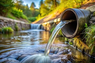 Fototapeta premium Water flowing from pipe into river with selective focus
