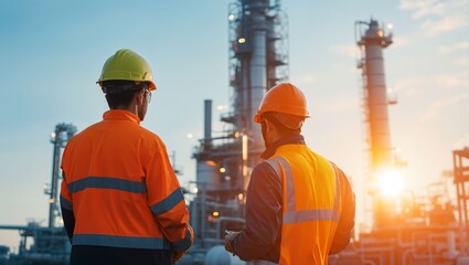 Two workers clad in safety gear observe a sprawling industrial landscape at sunset, highlighting their role in maintaining vital energy infrastructure and safety.