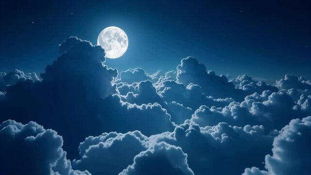 Flying over the clouds with the full moon and stars at night