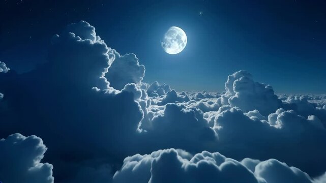 Flying over the clouds with the full moon and stars at night