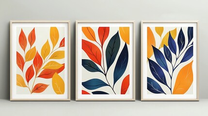 Colorful botanical illustrations in minimalist style Colorful leaf illustrations in three frames.