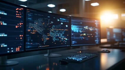 Illuminated workspace showcasing multiple screens displaying a world map and data analytics, reflecting advanced technology and the era of digital connectivity and monitoring.