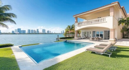 Fototapeta premium Aerial view of a modern home in the city, a Miami-style luxury mansion with a pool and outdoor kitchen on a large, lush backyard