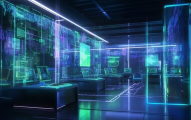 A futuristic cyber lab with neon lights and holographic displays showcasing advanced technology and digital innovation.