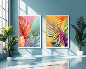 Colorful botanical illustrations in minimalist style Colorful leaf art in modern interior space