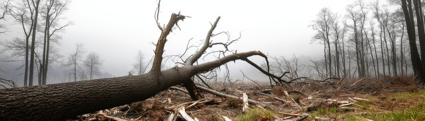 A foggy landscape featuring a fallen tree, showcasing the beauty and fragility of nature in an atmospheric environment.