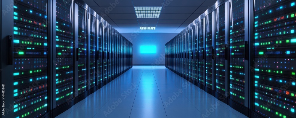 Poster a futuristic data center with rows of servers lit by colorful leds providing an advanced technologic