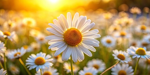 Naklejka premium A single daisy blooms brightly in the golden light of the setting sun, surrounded by a field of its companions, each petal delicately catching the rays of the sun.
