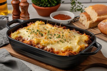 A dish of escondidinho de carne, a layered casserole with shredded beef and creamy mashed cassava, topped with melted cheese