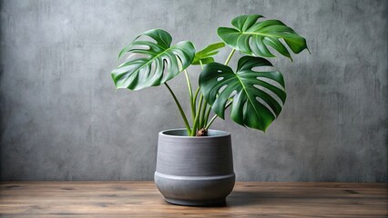 Fototapeta premium A lush green plant with large leaves in a gray pot sits on a wooden surface against a textured gray backdrop.