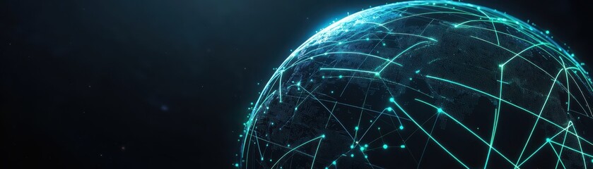 Naklejka premium A futuristic globe interconnected with digital lines, symbolizing global communication and technology advancements.