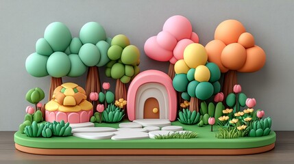 Cute Miniature Dollhouse with Trees and Pathway