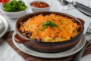 A dish of escondidinho de carne, a layered casserole with shredded beef and creamy mashed cassava, topped with melted cheese