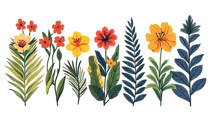 Colorful botanical illustrations in minimalist style Colorful floral illustrations on white background