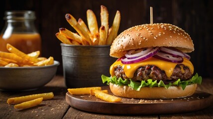 gourmet juicy beef burger with crispy golden fries