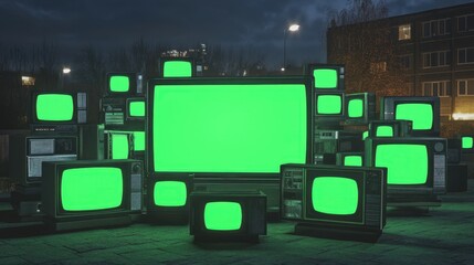 stacks of old televisions with green screen, american backgrounds at background