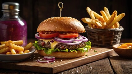 gourmet juicy beef burger with crispy golden fries