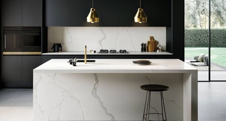 Modern kitchen with a marble countertop, black cabinets, and brass light fixtures, with an open concept layout for a spacious interior design in an apartment