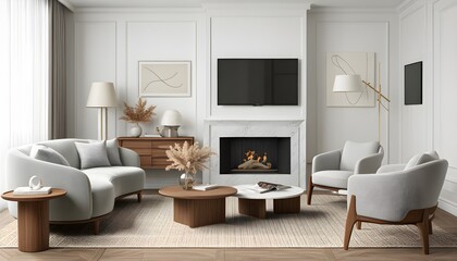 Stylish modern furniture arrangement for a cozy living room, showcasing a comfortable couch, chair, sleek desk, and contemporary TV setup