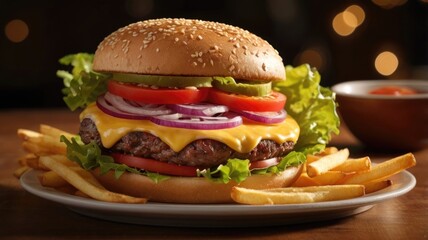 gourmet juicy beef burger with crispy golden fries