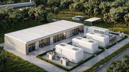 Futuristic hydrogen production facility surrounded by greenery, showcasing advanced technology and sustainable energy solutions. design emphasizes innovation and eco friendliness