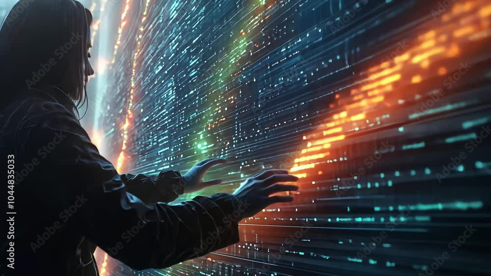 Poster a person interacts with glowing data streams in a dark, immersive space, revealing intricate pattern