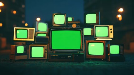 stacks of old televisions with green screen, american backgrounds at background
