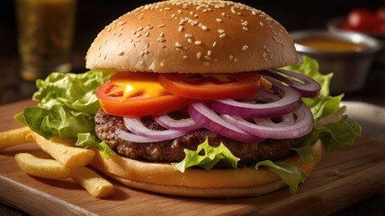 gourmet juicy beef burger with crispy golden fries