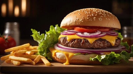 gourmet juicy beef burger with crispy golden fries