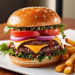 gourmet juicy beef burger with crispy golden fries