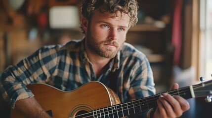 Fototapeta premium a man with a beard playing a guitar in a room with a window and a table in the background