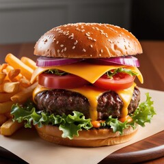 gourmet juicy beef burger with crispy golden fries