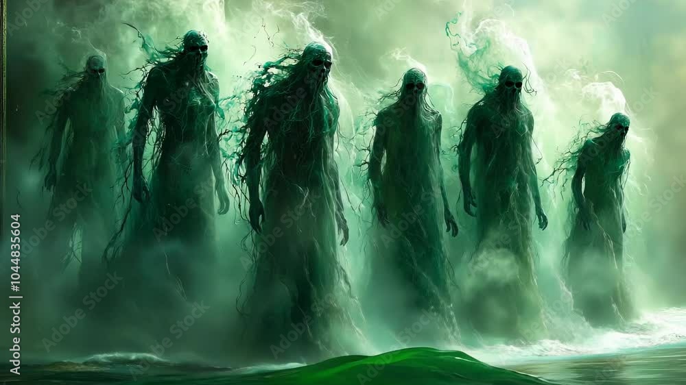 Poster six ethereal, green figures loom in a misty forest, creating an unsettling atmosphere at dusk as sha