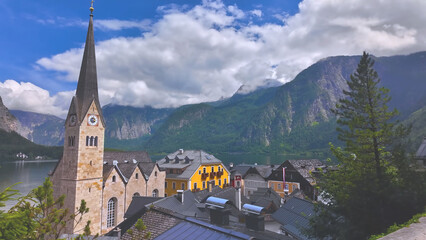 Classic view of the village of Hallstatt in the Alps in the Salzkammergut, a region in Austria